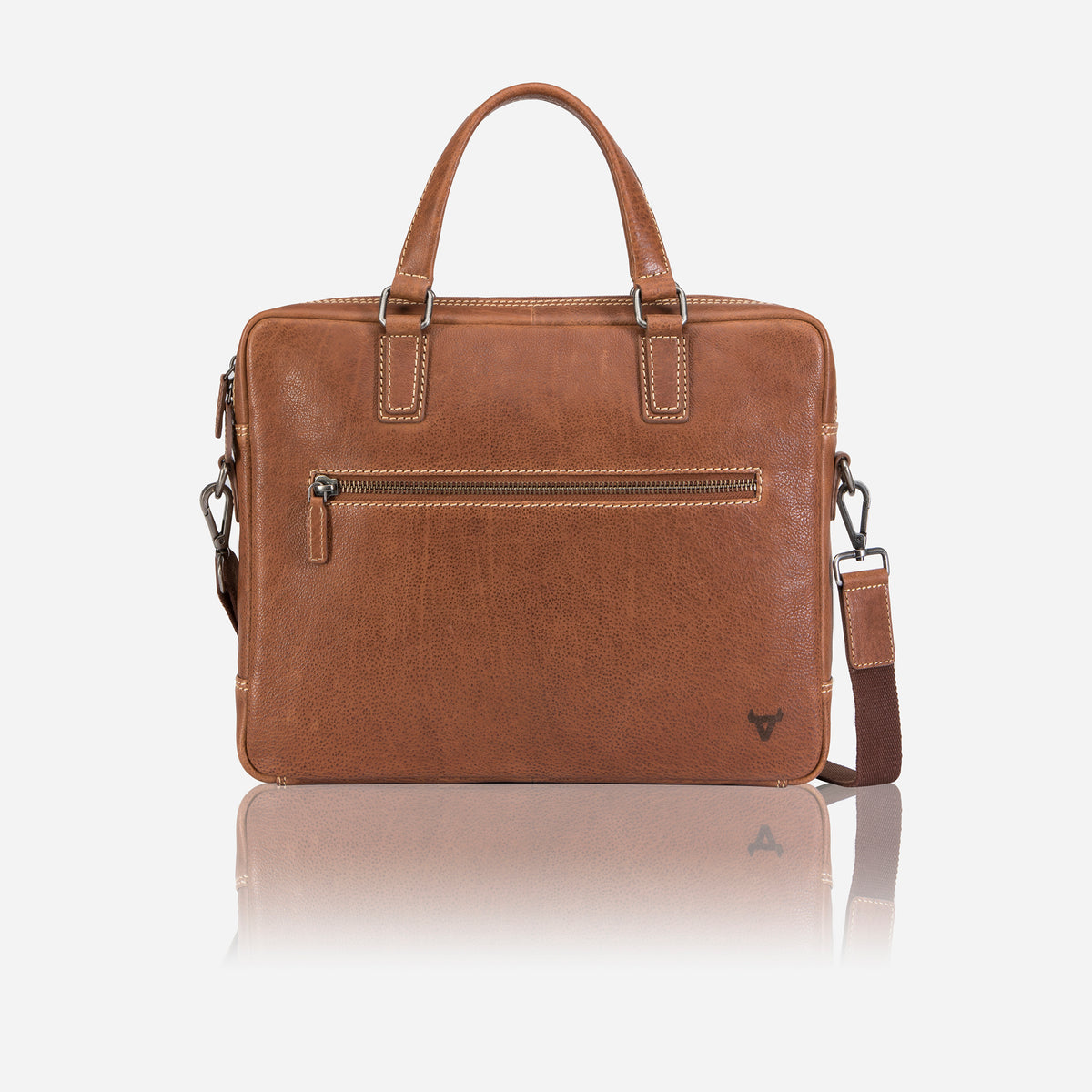 Brando tan leather Slimline laptop bag with top handles, zip pocket and shoulder strap