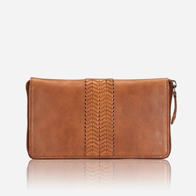 Brando tan leather zip-around purse with a woven centre panel
