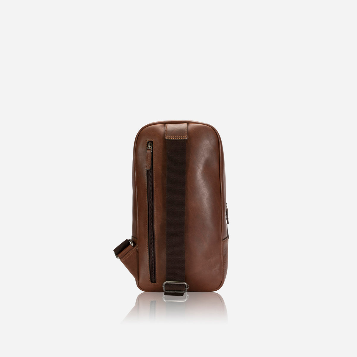 Brosnan One Strap Backpack in brown, back view with zip pocket and strap