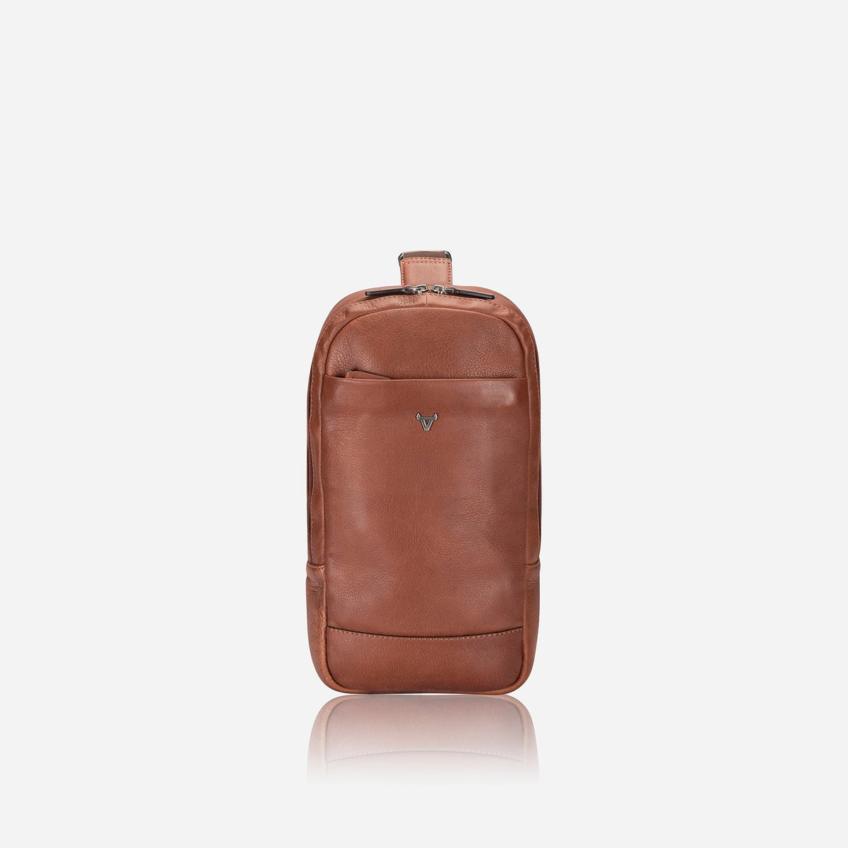 Kudu one strap backpack in copper leather, front view, with zip top and slim front pocket