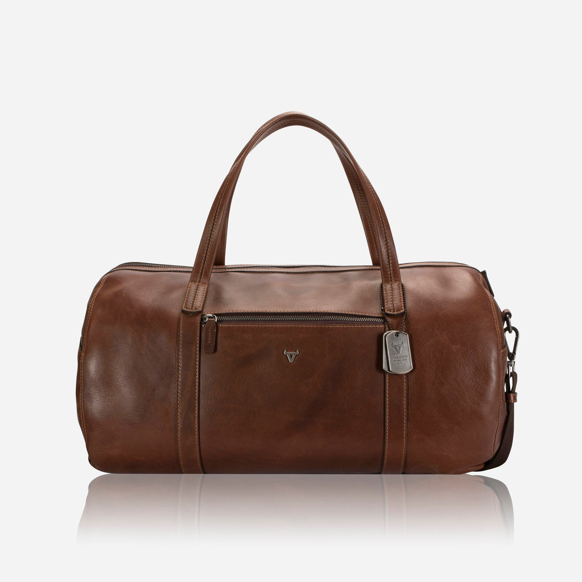 Brando Brosnan Duffel Bag in brown, front view with zip pocket, twin handles and tag