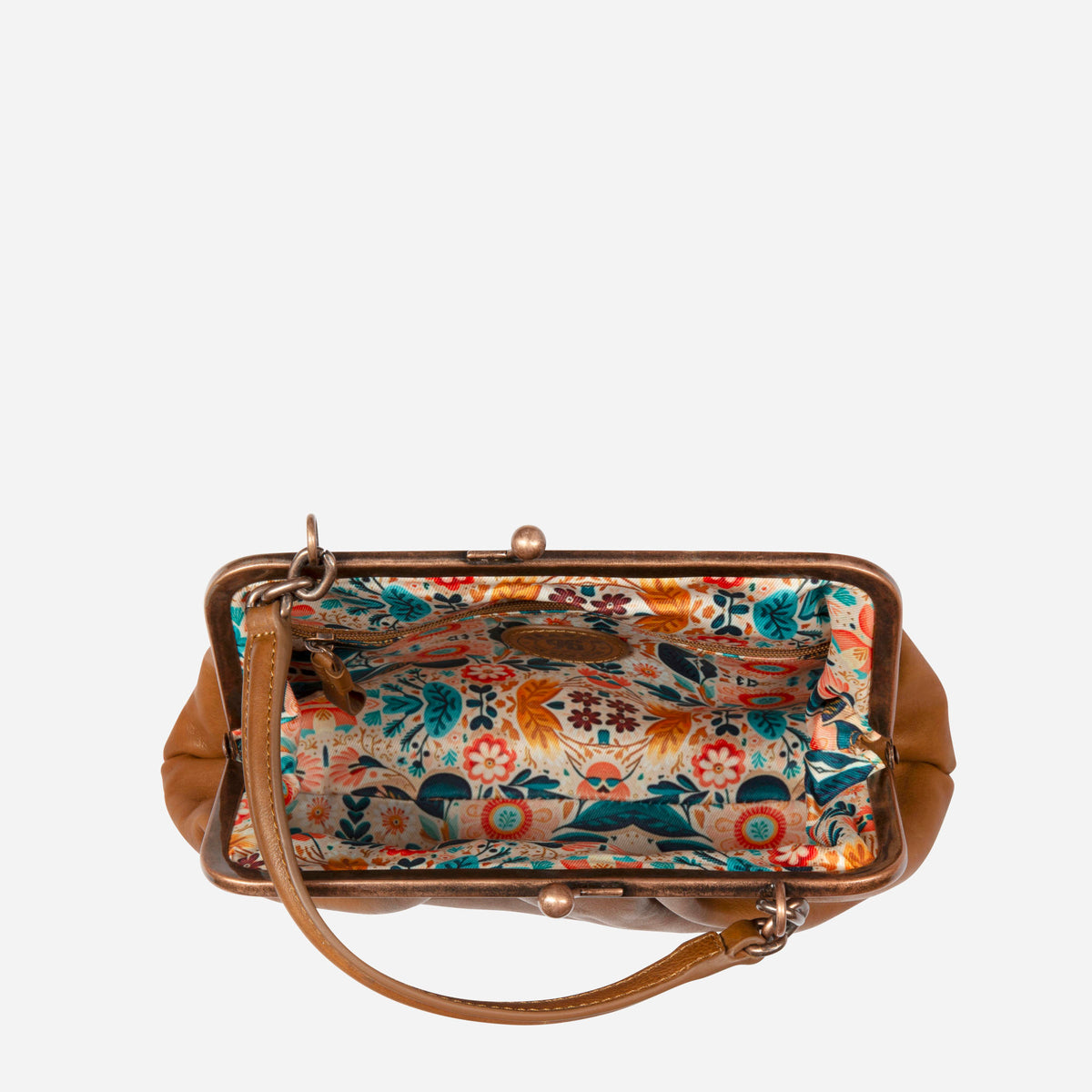 Fiona Frame Crossbody Bag in Tan - crossbody bag, interior view | Brando Leather