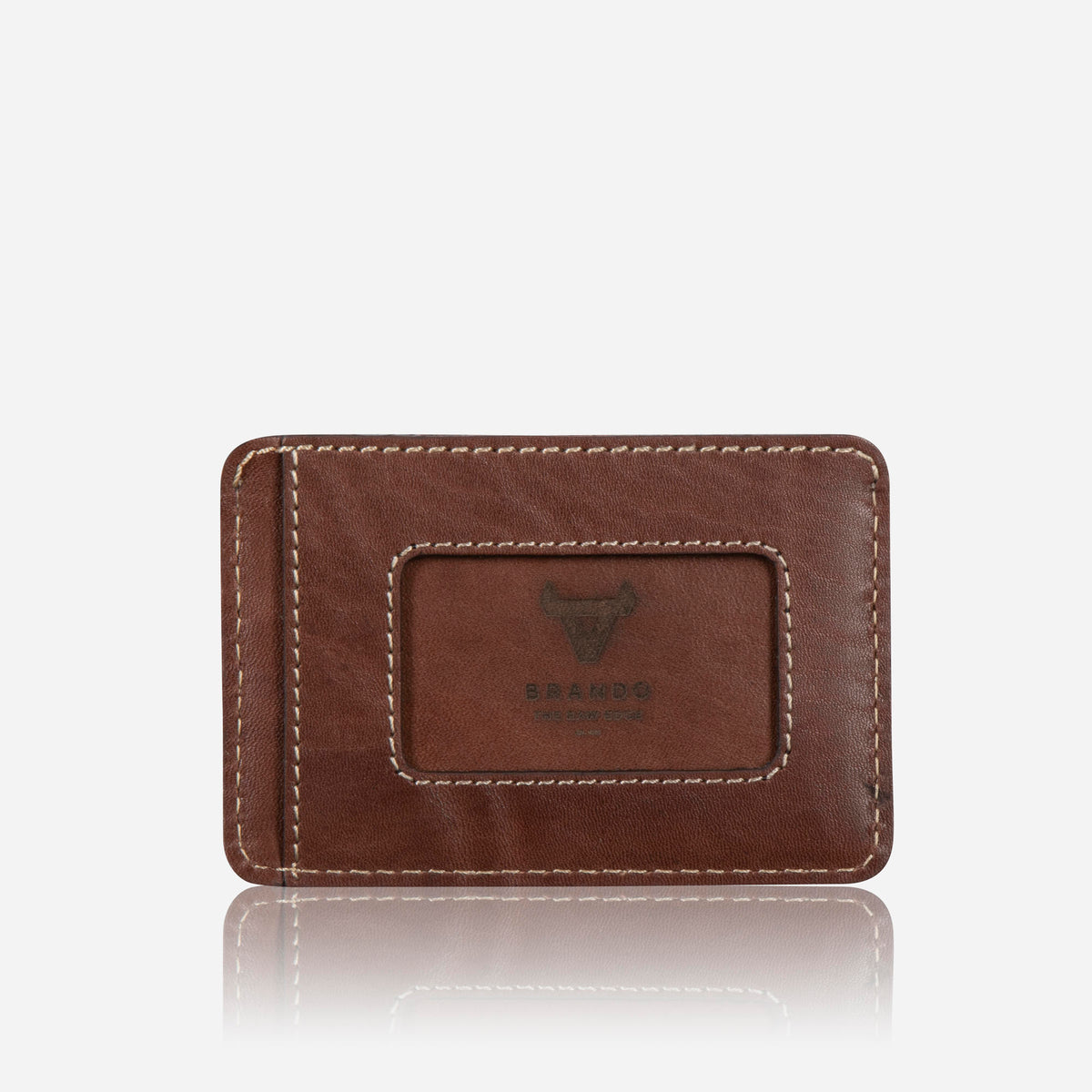 Brando Wayne Leather Card Holder in brown, front view with ID window