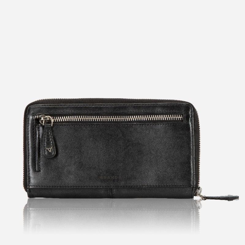 Davis Large Leather Zip Around Purse, Black