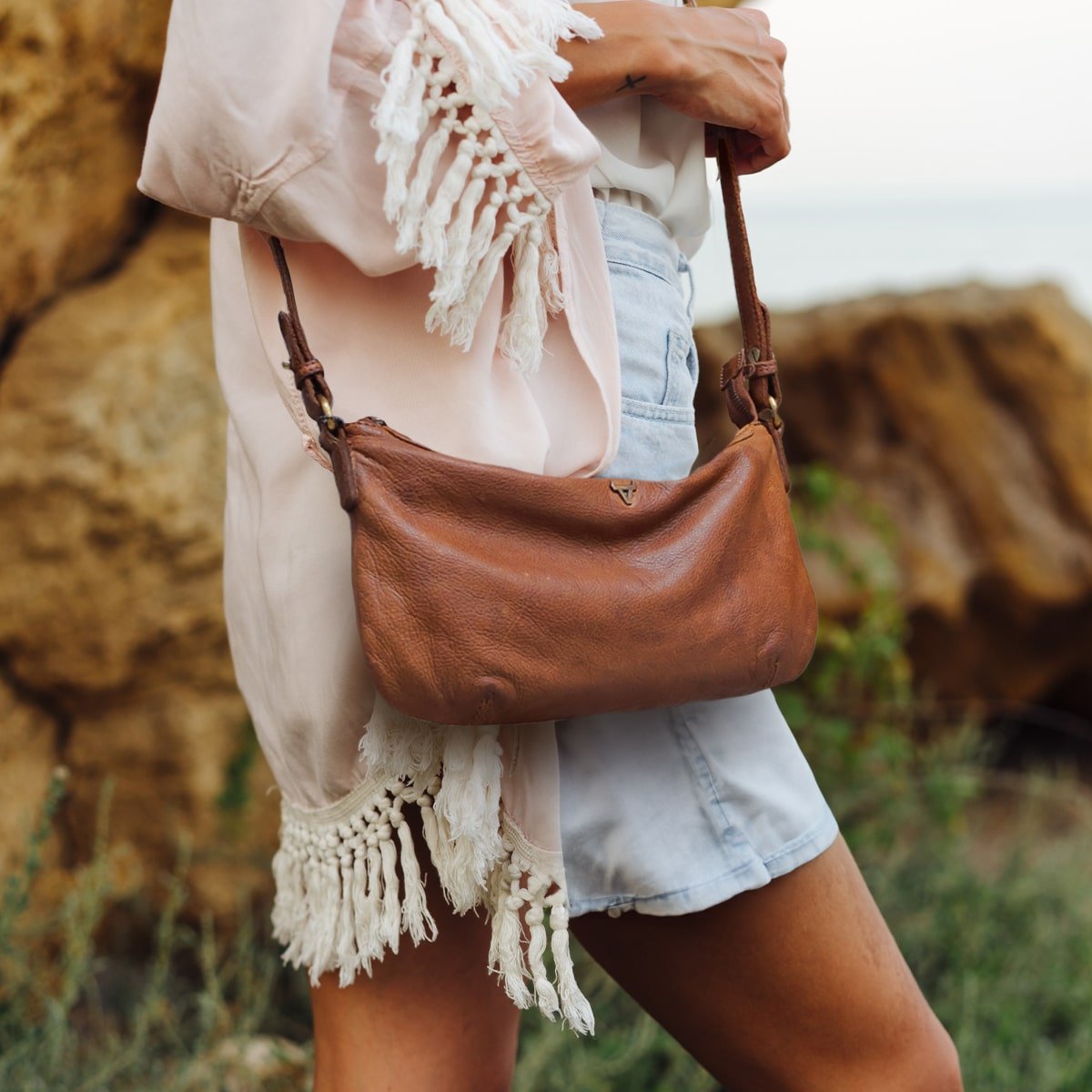 Ladies Leather Crossbody Bag, Cognac - Brando Leather