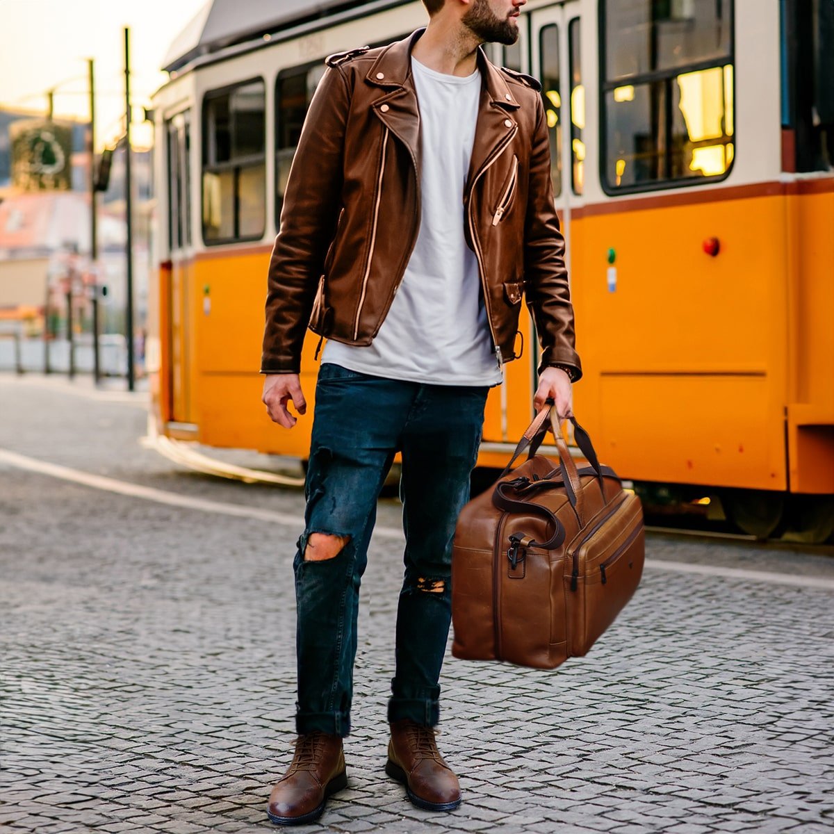 Leather Duffel Weekender, Medium Brown - Brando Leather