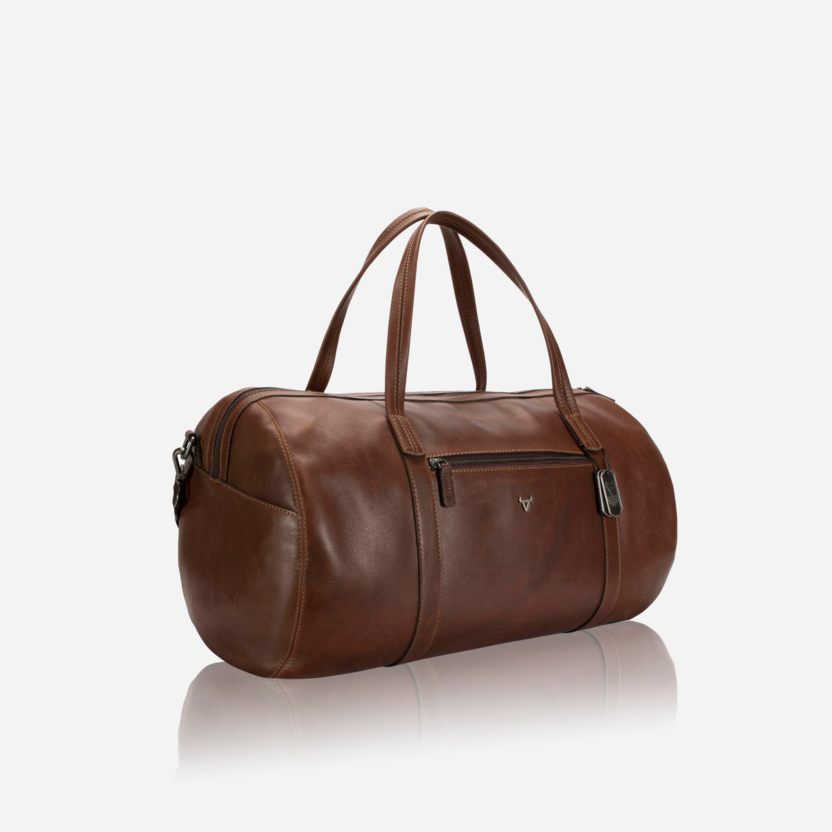 Brosnan Duffel Bag in brown, three-quarter view showing barrel shape