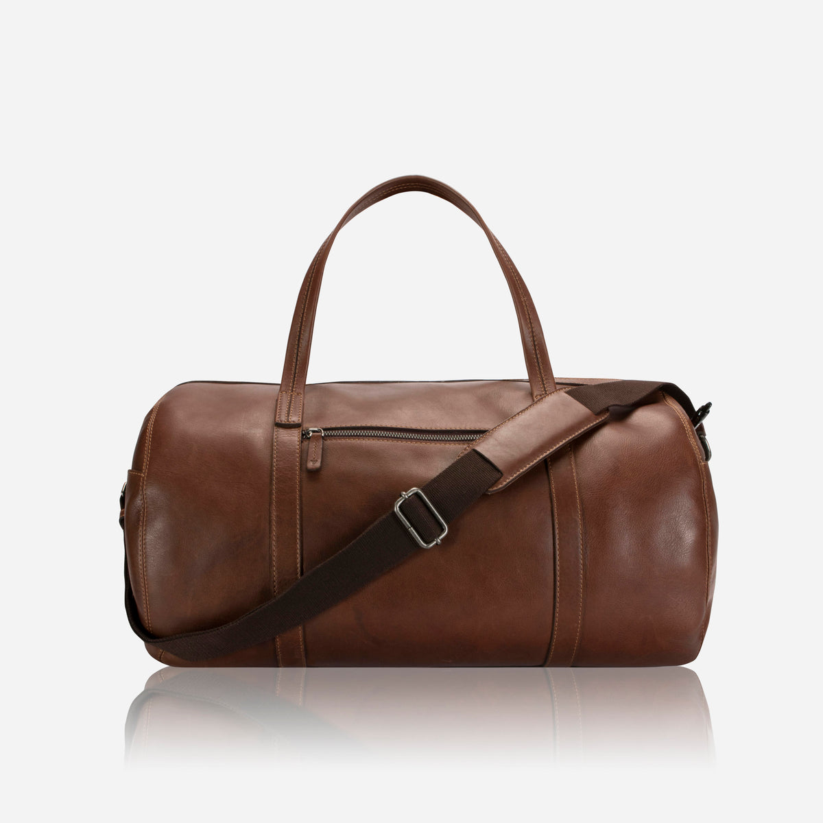 Brosnan Duffel Bag in brown, back view with zip pocket and shoulder strap