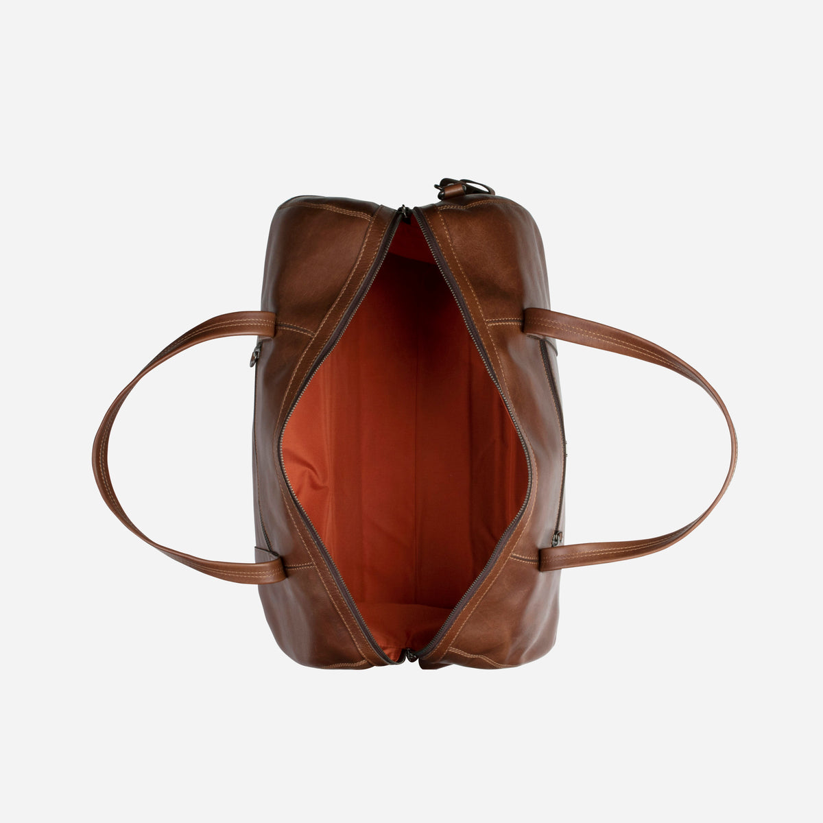 Brosnan Duffel Bag in brown, open from above showing orange lining