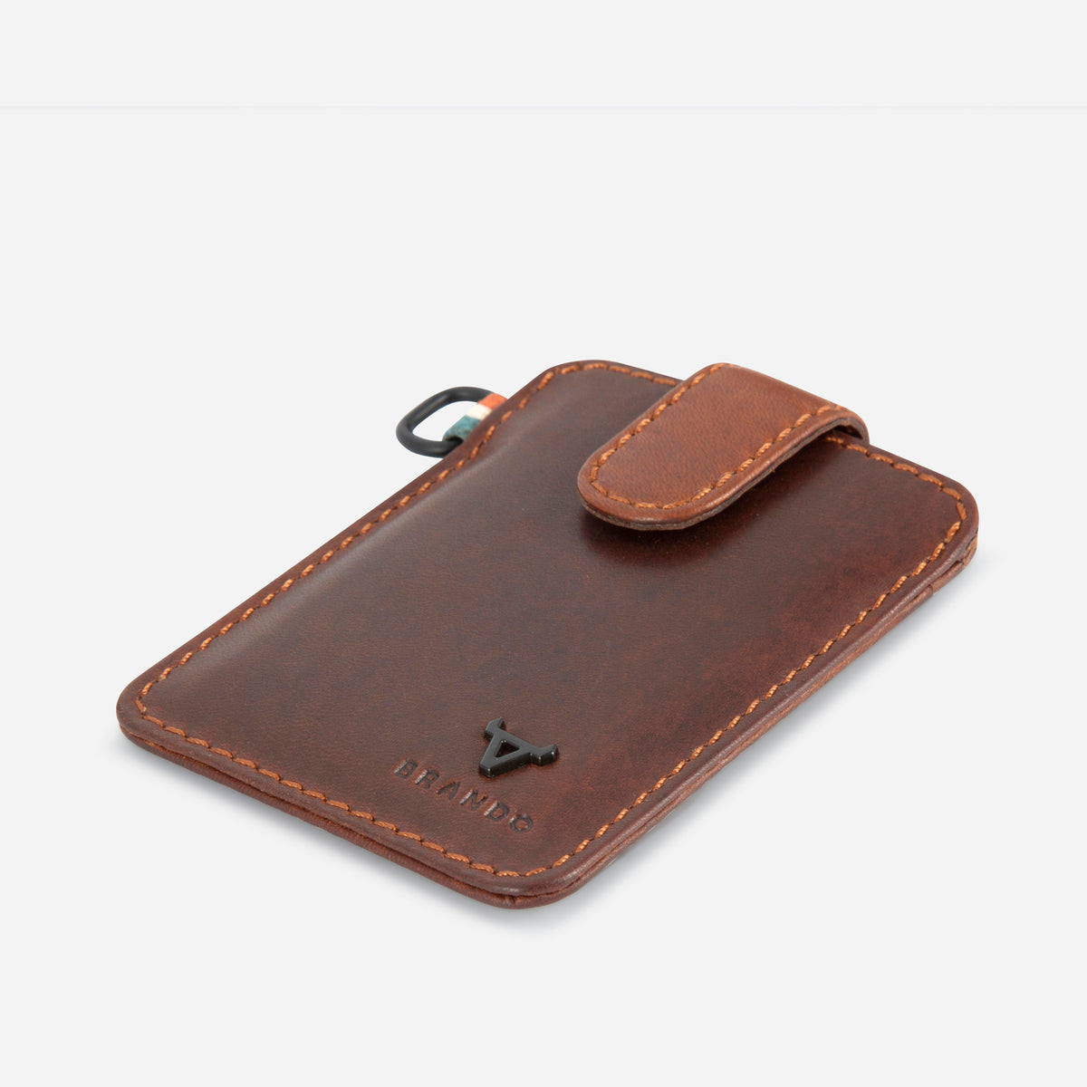 James Pull Tab Card Holder in Brown - card holder, angled view | Brando Leather