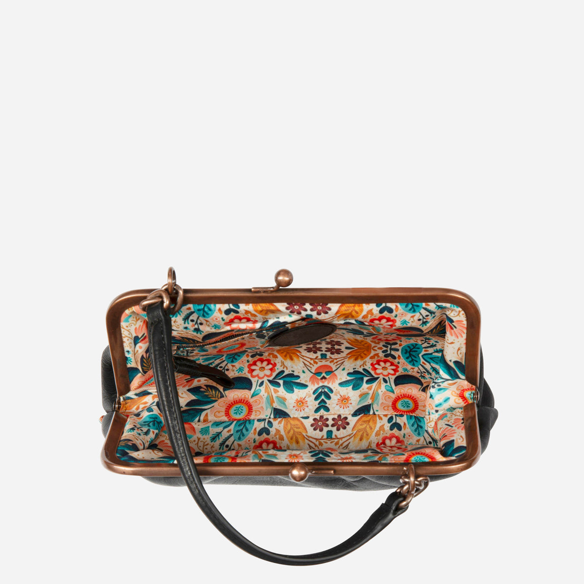 Fiona Frame Crossbody Bag in Black - crossbody bag, interior view | Brando Leather