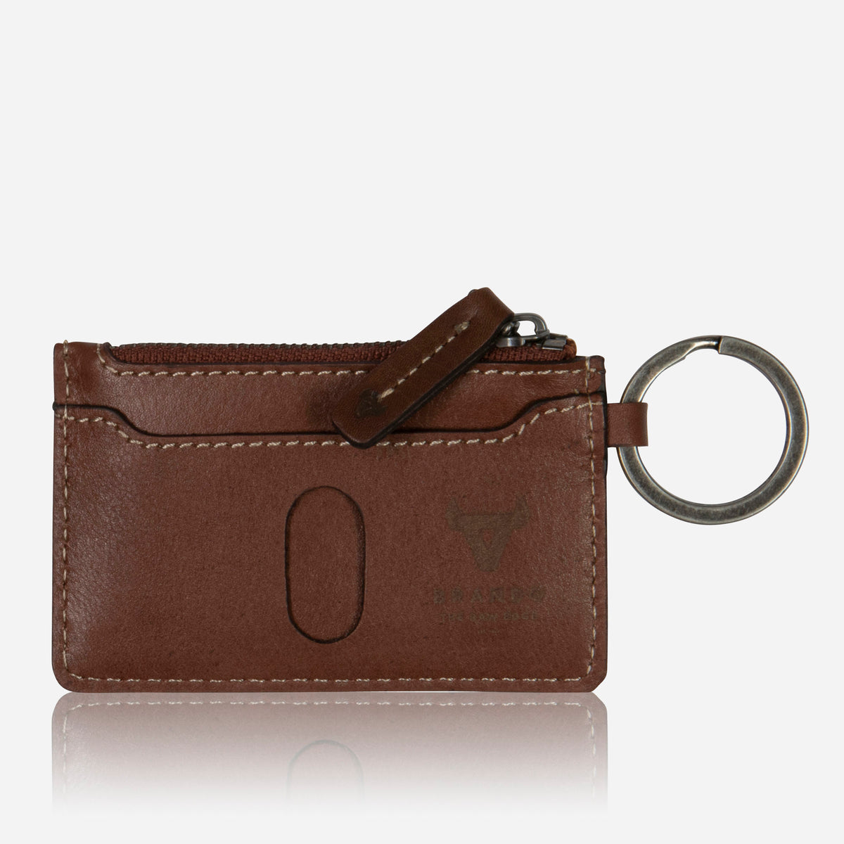 Wayne Keyring Pouch in brown, back view with card slot and embossed logo